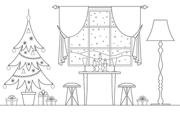 Scene of a festive dinner on Christmas Eve. Outline interior with furniture, a Christmas tree, gifts with a festive table. Vector illustration.