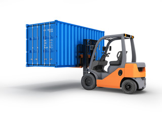 Forklift handling the cargo shipping container isolated on white background 3d render