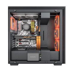 Open computer with red lighting effects and water cooled cooling system on white background 3d render without shadow
