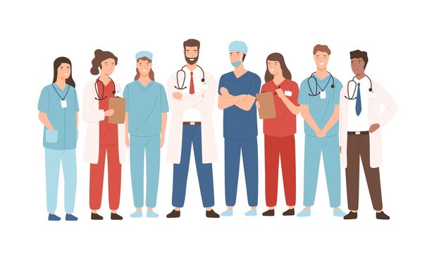 Group of hospital medical staff standing together. Male and female medicine workers - physicians, doctors, paramedics, nurses isolated on white background. Vector illustration in flat cartoon style.