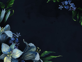 Wreath of blue lily and leaves for greeting and wedding cards