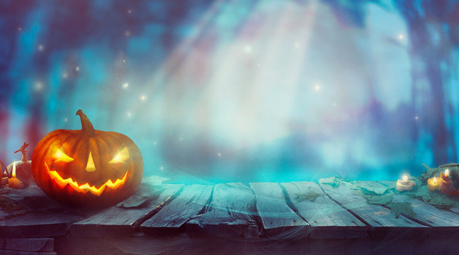 Halloween  with Pumpkin and Dark Forest. Spooky Halloween design