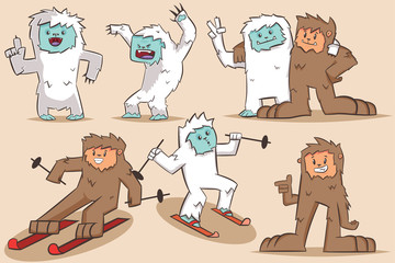 Yeti and Bigfoot vector cartoon character. Monsters set isolated on background. - obrazy, fototapety, plakaty