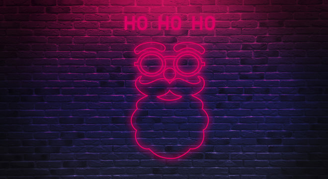 Merry Christmas. Santa Claus. Background of brick wall, light of neon. Celebratory background. - Powered by Adobe