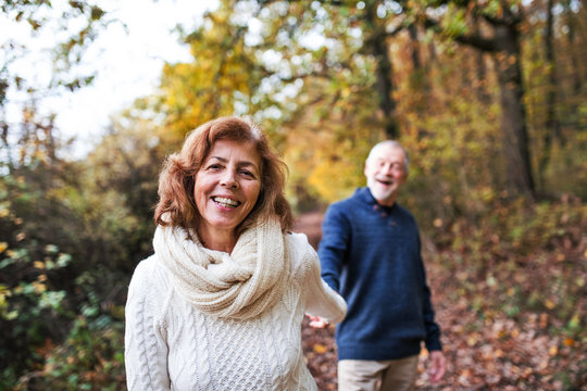 A portrait of a senior couple walking in an autumn nature.