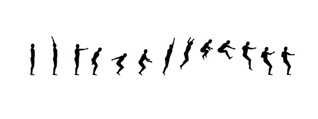 Man running and jumping sequence vector illustration frames collection. Acrobatic sport animation shapes
