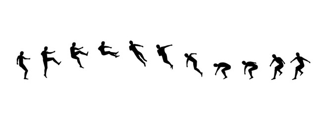 Man running and jumping sequence vector illustration frames collection. Acrobatic sport animation shapes