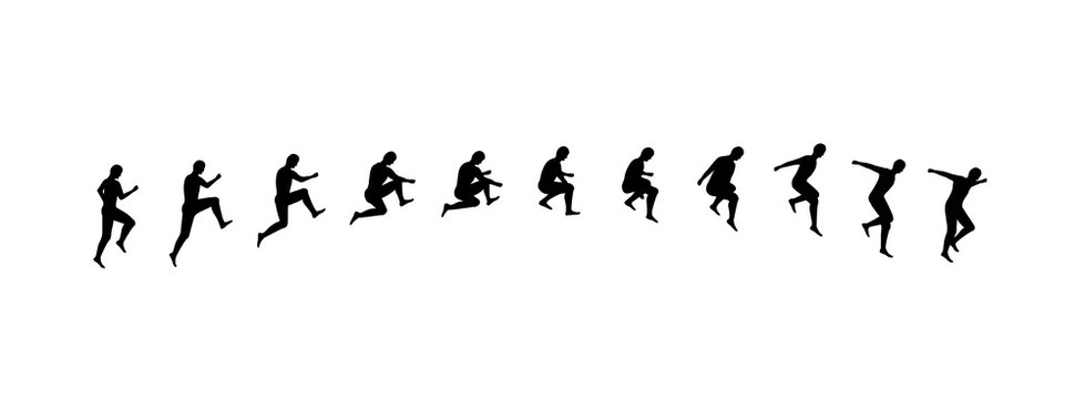 Man running and jumping sequence vector illustration frames collection. Sport animation shapes