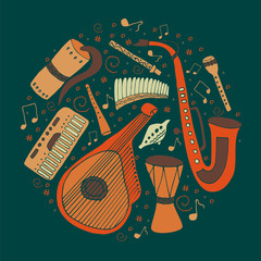 Set of hand drawn traditional Slavic, Ukrainian musical instruments in circle. Reed pipe, kobza, buhay, sopilka, bandura, pan flute etc.