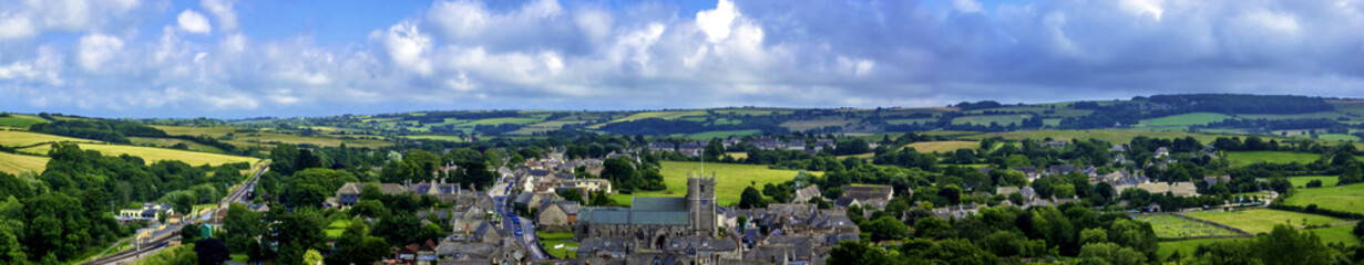 Aerial panorama of historic market town Wareham in Dorset, United Kingdom