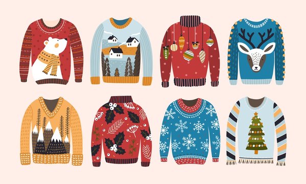 Collection of ugly Christmas sweaters or jumpers isolated on light background. Bundle of knitted woolen winter clothing with various prints. Colorful vector illustration in flat cartoon style.