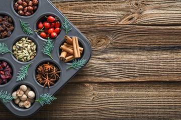 Christmas spices and seasoning for baking, top view