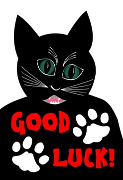 Angry black cat wishing good luck. Cartoon of black tomcat on white background, two white cat paws, Vector illustration