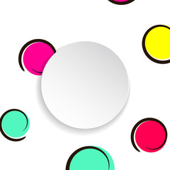 Pop art colorful confetti background. Big colored spots and circles on white background with black dots and ink lines. Banner with 3d paper plate in pop art style. Cute template for flyer, sale, ad
