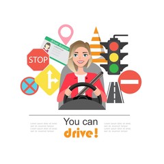 Set of road symbols and woman driver character