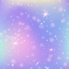 Fototapeta na wymiar Fairy background with rainbow mesh. Cute universe banner in princess colors. Fantasy gradient backdrop with hologram. Holographic fairy background with magic sparkles, stars and blurs.