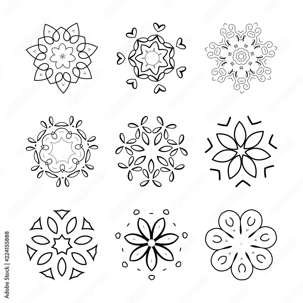 Poster Set of nine abstract round patterns isolated on white background. Vector design elements.