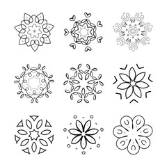 Set of nine abstract round patterns isolated on white background. Vector design elements.