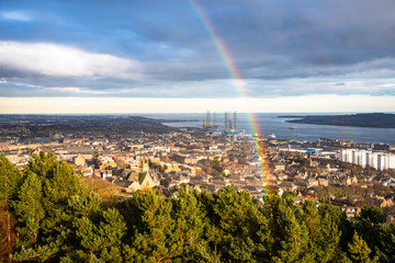 Rainbow over Dundee City Centre during a Rainfall at Sunset