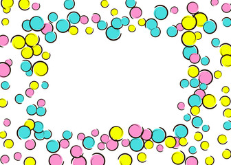 Comic background with pop art polka dot confetti. Big colored spots, spirals and circles on white. Vector illustration. Bright kids splatter for birthday party. Rainbow comic background.