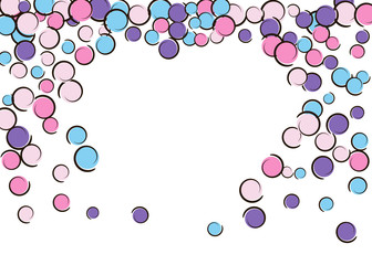 Heart dots frame with pop art confetti background. Big colored spots, spirals and circles on white. Vector illustration. Stylish kids splatter for birthday party. Rainbow heart dots frame.
