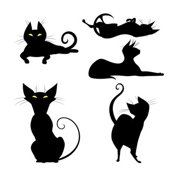 Set of silhouettes of black cat.