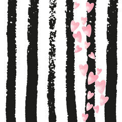 Pink glitter confetti with hearts on black stripes. Sequins with metallic shimmer and sparkles. Template with pink glitter confetti for party invitation, event banner, flyer, birthday card.