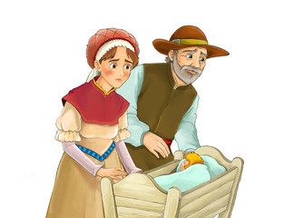 cartoon fairy tale characters - medieval farmers husband and wife near their baby in wooden cradle on white background - illustration for children