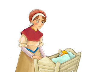 cartoon fairy tale character - farm woman standing and looking on baby cradle or crib - illustration for children