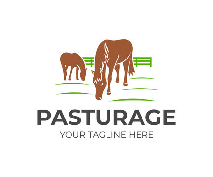 Horse pasture with fence, logo design. Animal, pet, farm and nature, vector design. Farming, agriculture, agricultural and cattle breeding, illustration