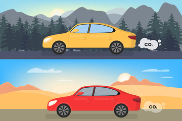Fototapeta na wymiar Car emits carbon dioxide. Air pollution with CO2