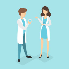 Doctor characters in uniform talking to each other.