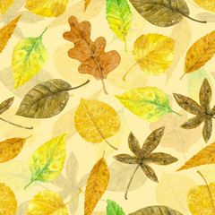 Fototapeta na wymiar various autumn leaves painted with watercolors, seamless pattern for design.