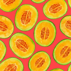 Watercolor pattern design with melon slices on red background
