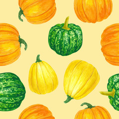Seamless pattern with various painted with watercolors pumpkins. Element for design.