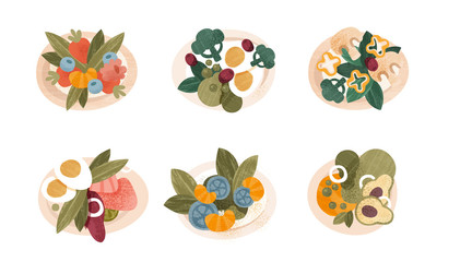 Various vegetable salads set, healthy cooking and eating concept vector Illustrations on a white background