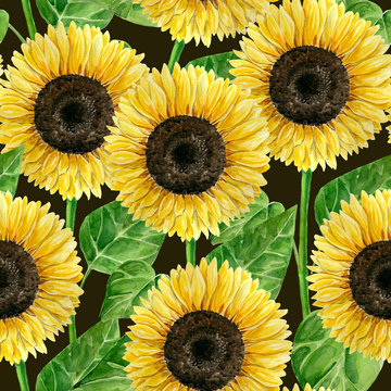 Seamless pattern with watercolor sunflowers, element for design.