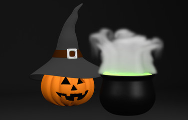 Halloween pumpkin with witch hat and cauldron with cooking potion 3D illustration