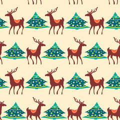 Christmas seamless pattern, deer and pine tree