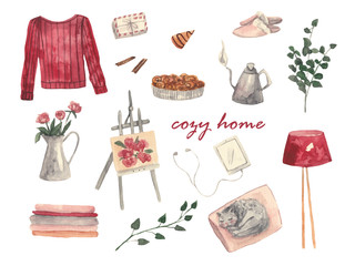 Cozy home. Cozy watercolor set with interior items, watercolor illustrations on white isolated background. Sweater, easel, floor lamp, cat on the pillow