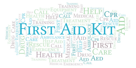 First Aid Kit word cloud, made with text only.