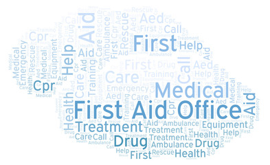 Fototapeta na wymiar First Aid Office word cloud, made with text only.