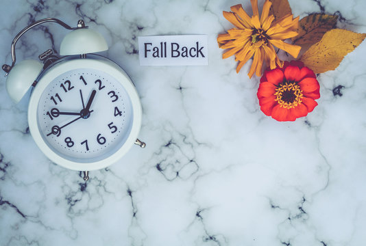 Fall Daylight Saving Time Concept With White Clock And Flowers, Flat Lay