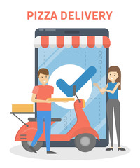 Fast pizza delivery boy courier holding box