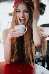 girl drinks coffee. Good morning concept.