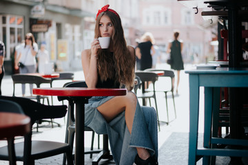 girl drinks coffee. Good morning concept.