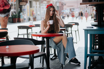 girl drinks coffee. Good morning concept.