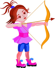 Vector illustration. Sweet little girl in pink T-Shirt and blue shorts is shooting with an arrow.