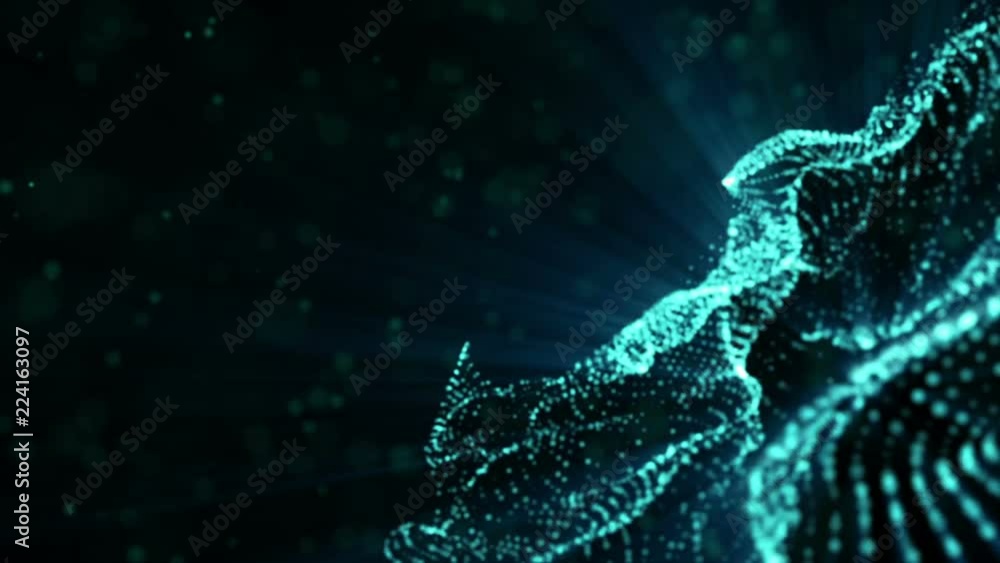 Poster blue glowing particles animated against a dark background. 3d rendering abstract background with dep