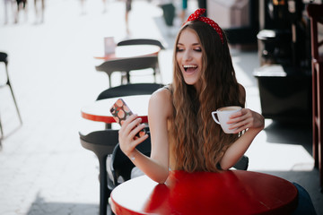 girl drinks coffee. Good morning concept.